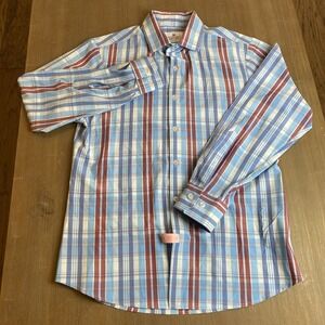 Mens Mizzen‎ & Main LS Button Up Shirt Trim Fit Blue Red Plaid Stretch Medium